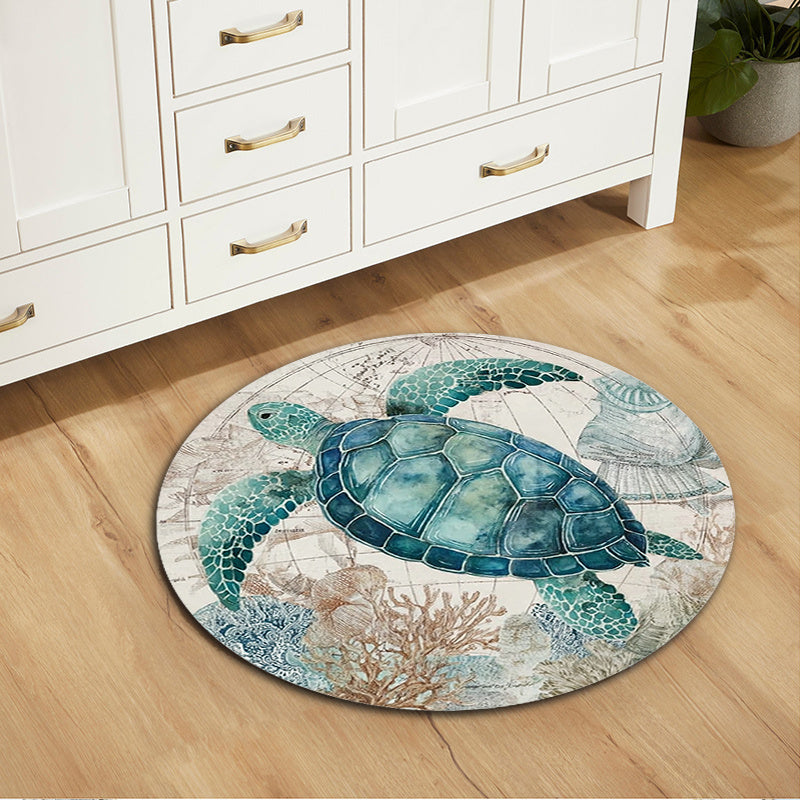 Tapis rond à tortue marine sur carte ancienne, 80 à 120 cm