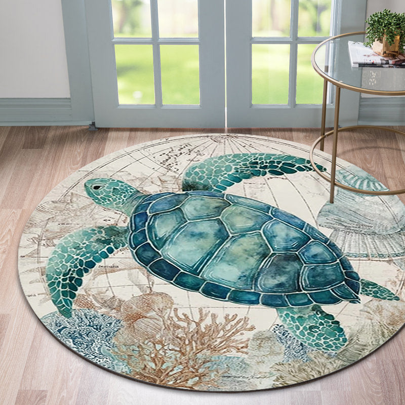 Tapis rond à tortue marine sur carte ancienne, 80 à 120 cm