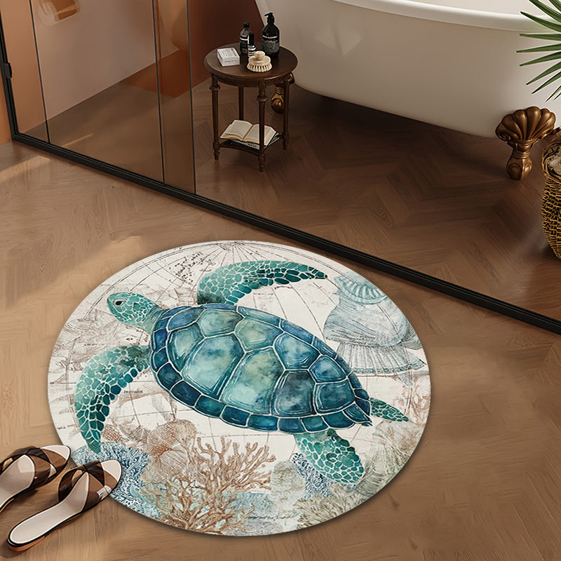 Tapis rond à tortue marine sur carte ancienne, 80 à 120 cm