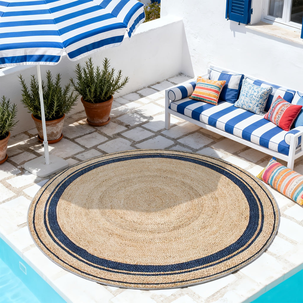 Tapis rond imprimé tressage naturel, bordure