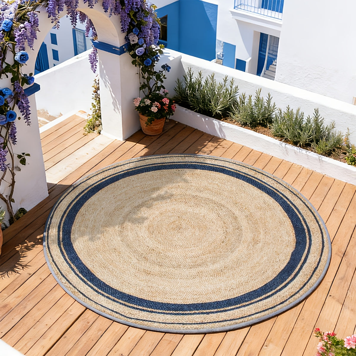 Tapis rond imprimé tressage naturel, bordure