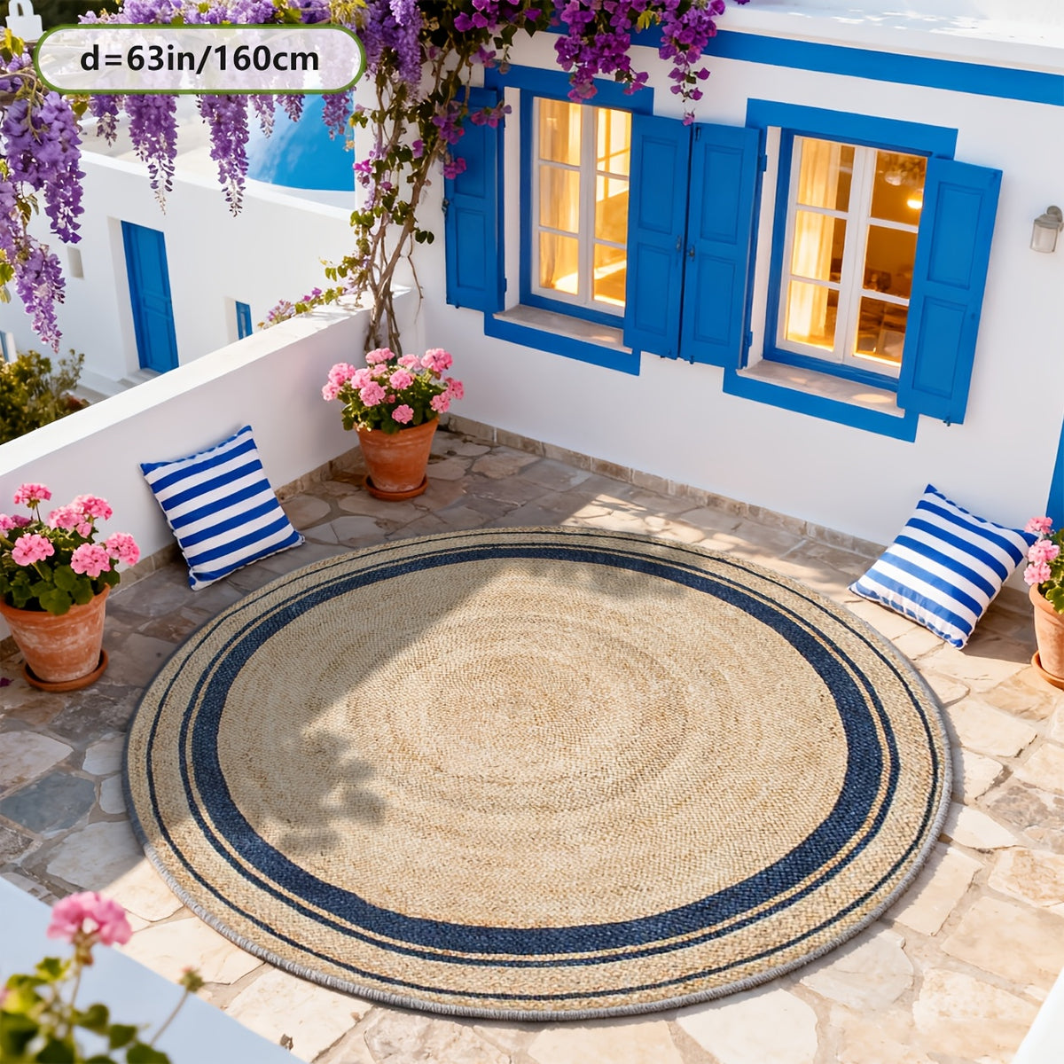 Tapis rond imprimé tressage naturel, bordure