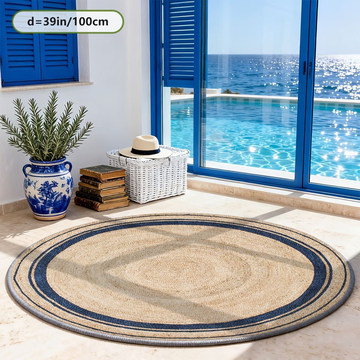Tapis rond imprimé tressage naturel, bordure