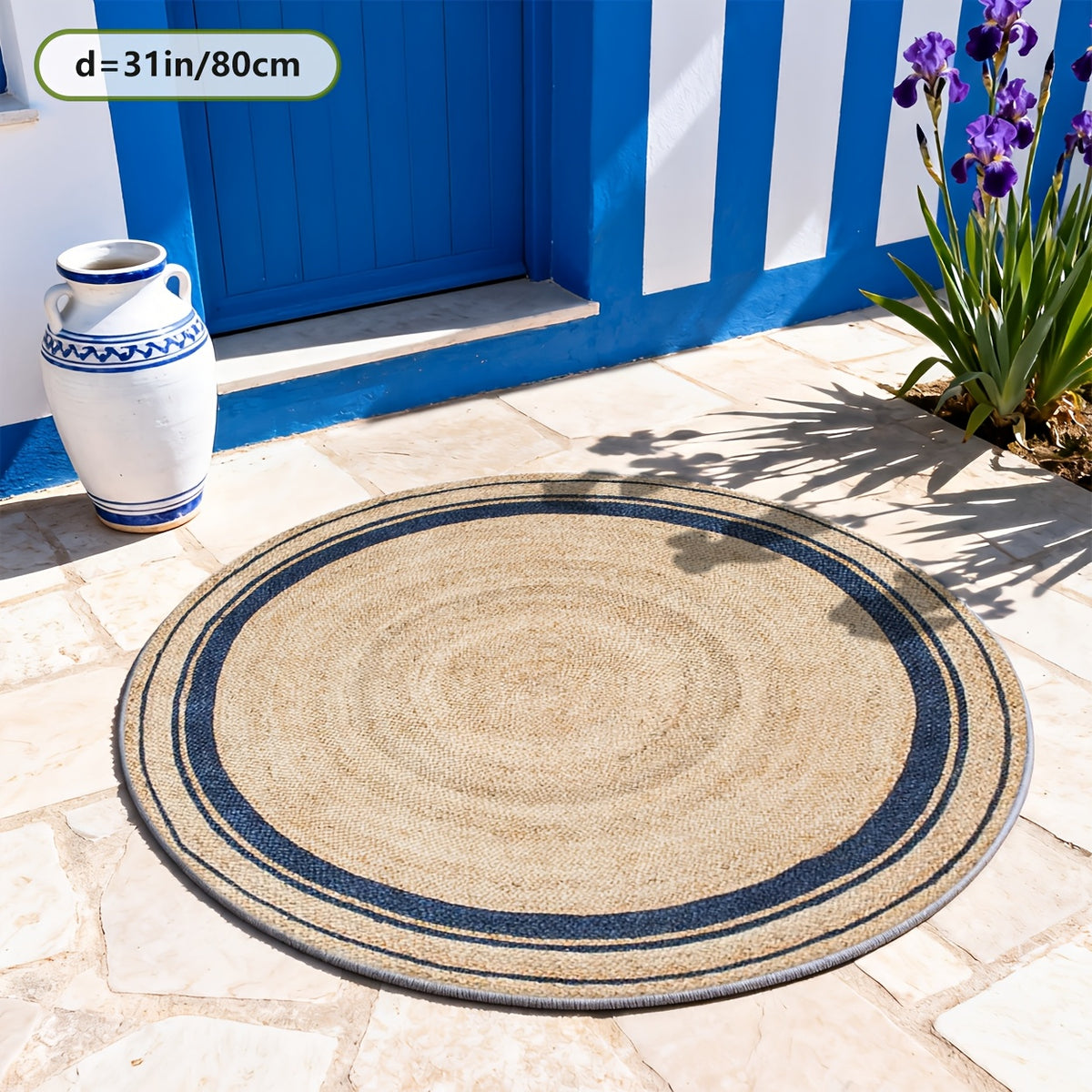 Tapis rond imprimé tressage naturel, bordure