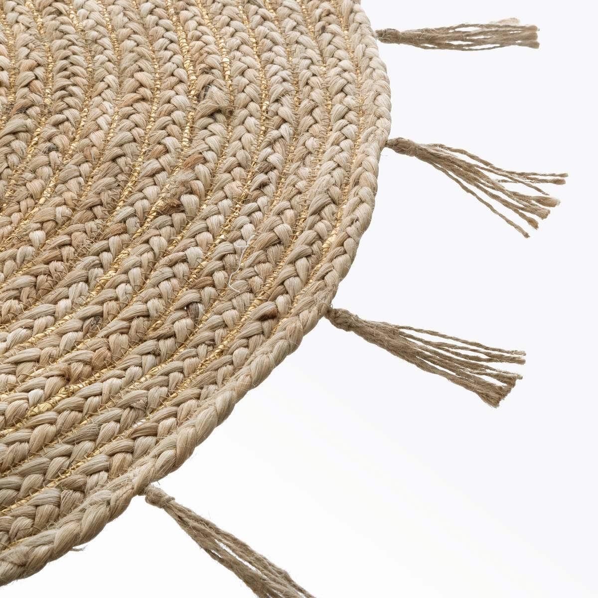 Tapis rond tressé de 80 cm, fil doré et pompons naturels