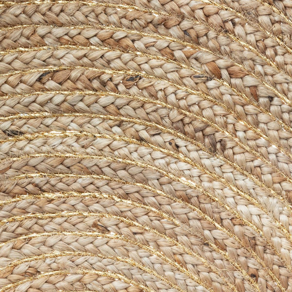 Tapis rond tressé de 80 cm, fil doré et pompons naturels