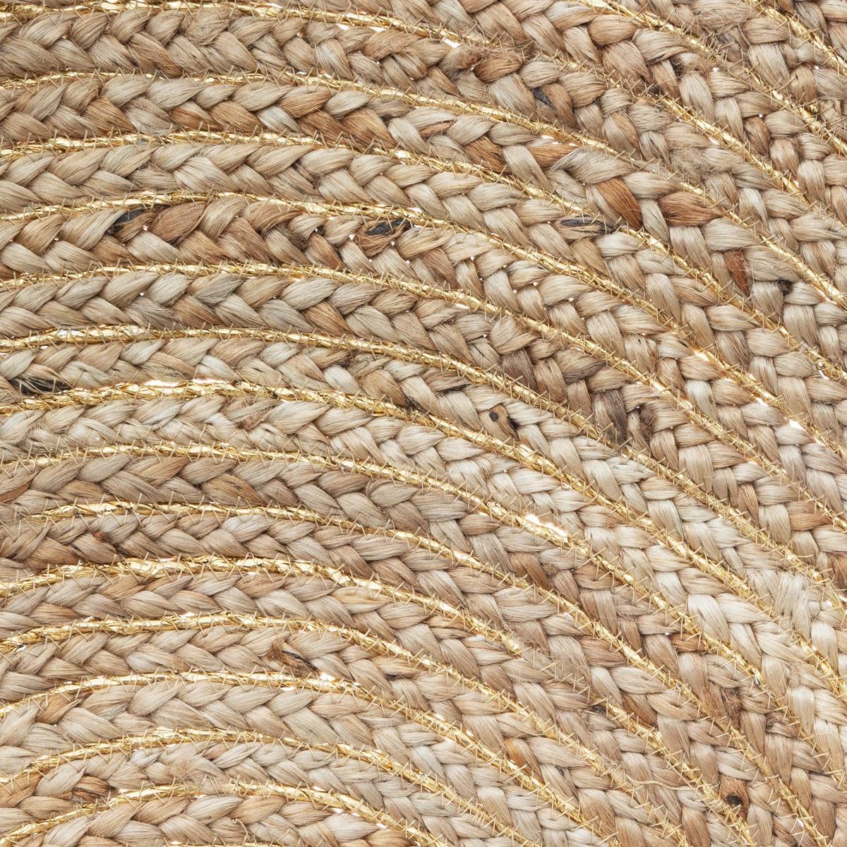 Tapis rond tressé de 80 cm, fil doré et pompons naturels