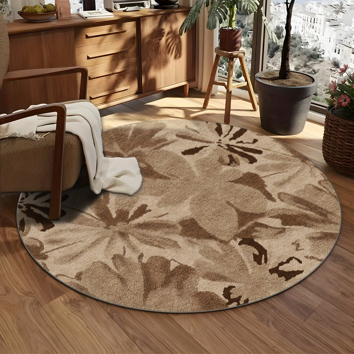 Tapis rond beige aux grandes feuilles brunes, sept formats
