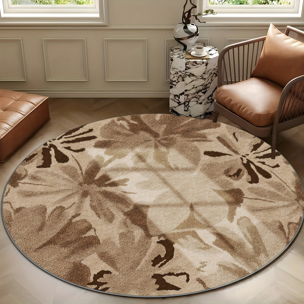 Tapis rond beige aux grandes feuilles brunes, sept formats