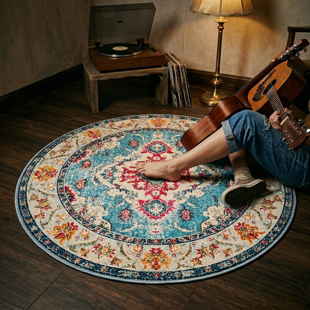 Tapis rond turquoise à médaillon corail, bohème, Ø 300 cm