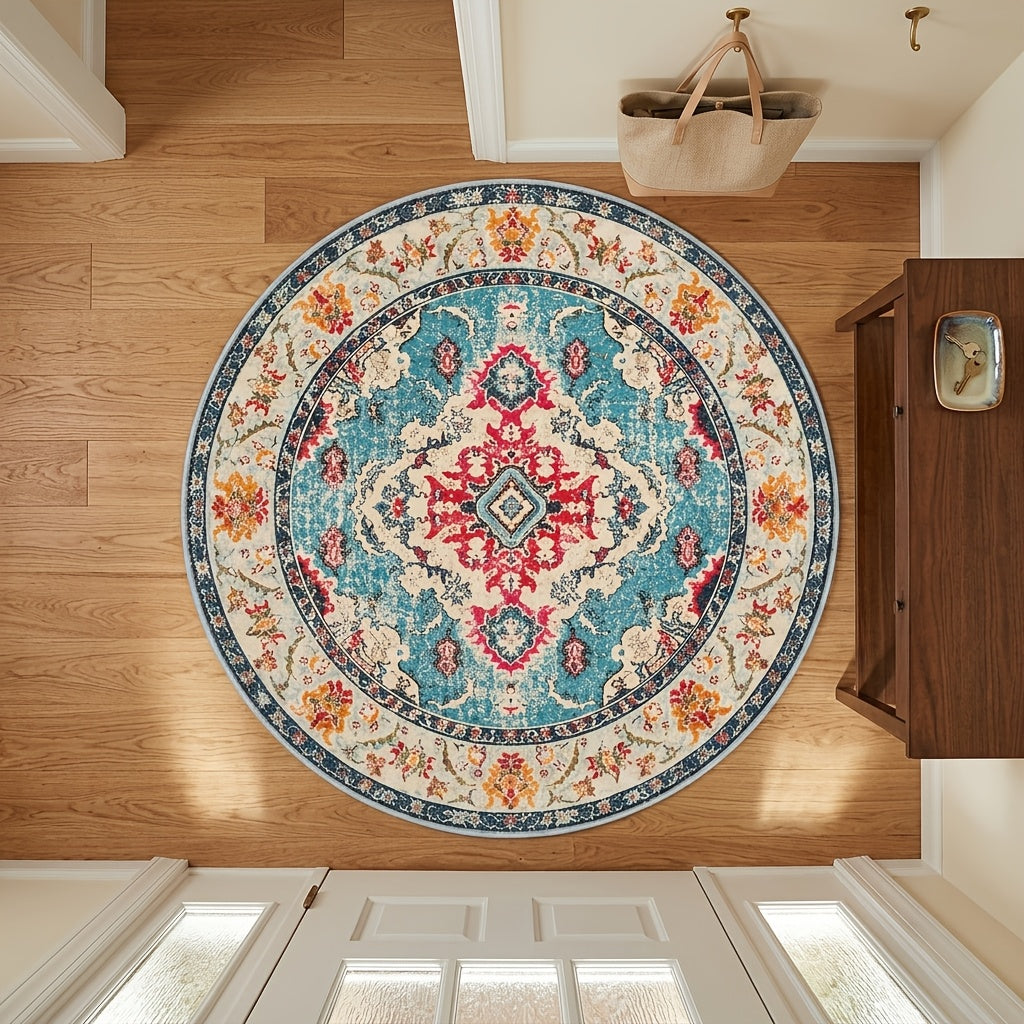 Tapis rond turquoise à médaillon corail, bohème, Ø 300 cm