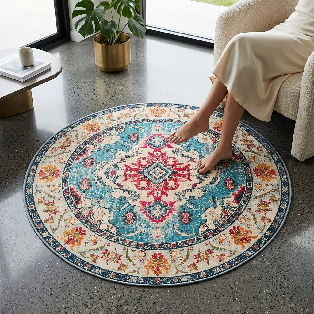 Tapis rond turquoise à médaillon corail, bohème, Ø 300 cm