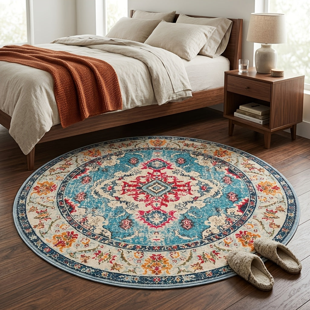 Tapis rond turquoise à médaillon corail, bohème, Ø 300 cm