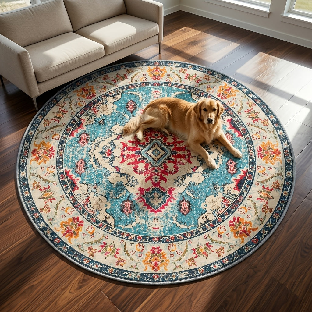 Tapis rond turquoise à médaillon corail, bohème, Ø 300 cm
