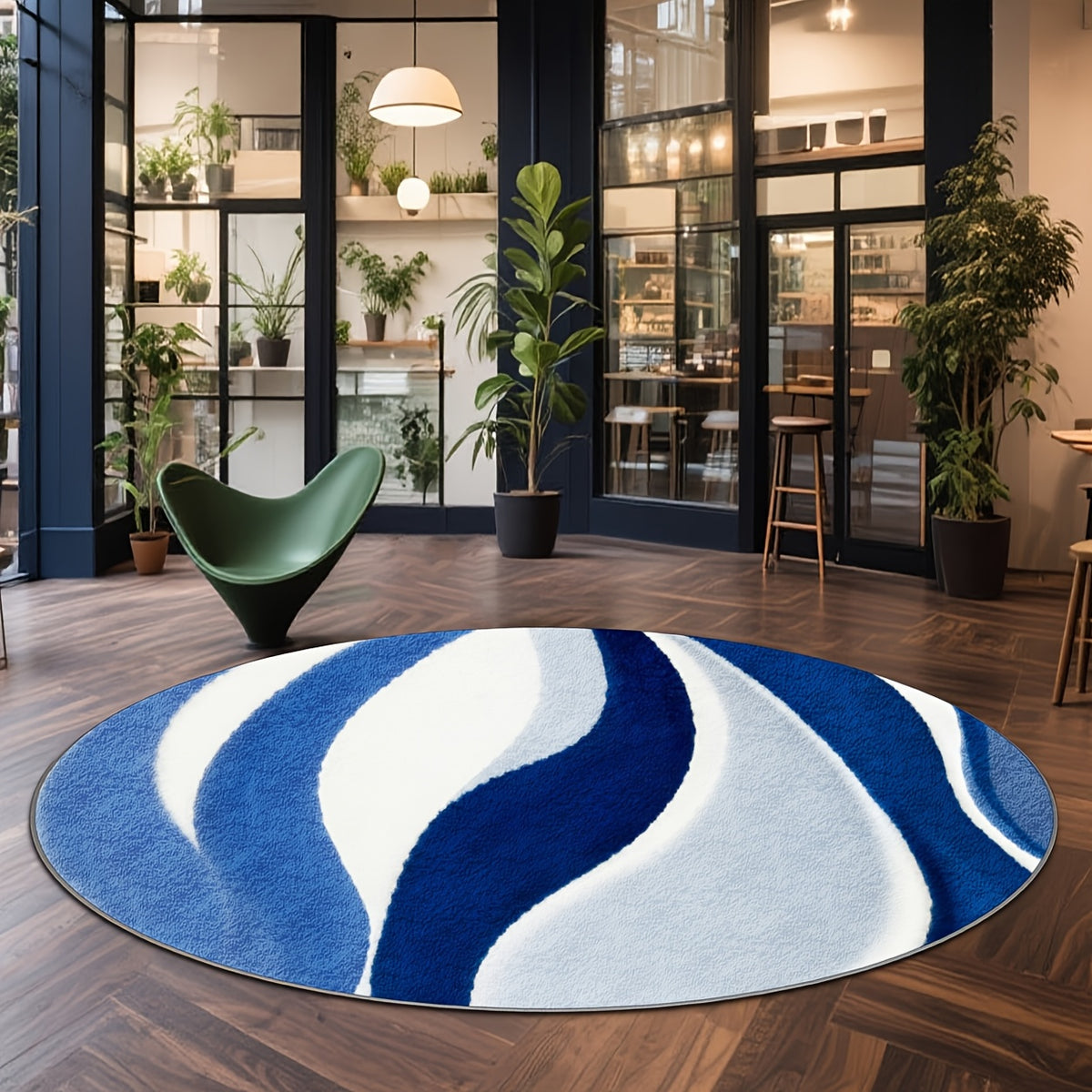Tapis rond vagues bleues et blanches, grand format Ø 200 cm