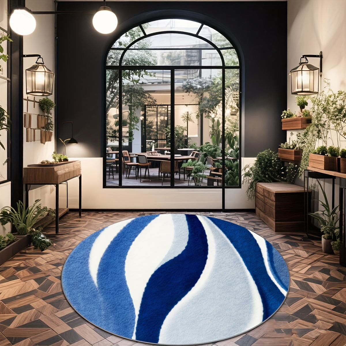 Tapis rond vagues bleues et blanches, grand format Ø 200 cm