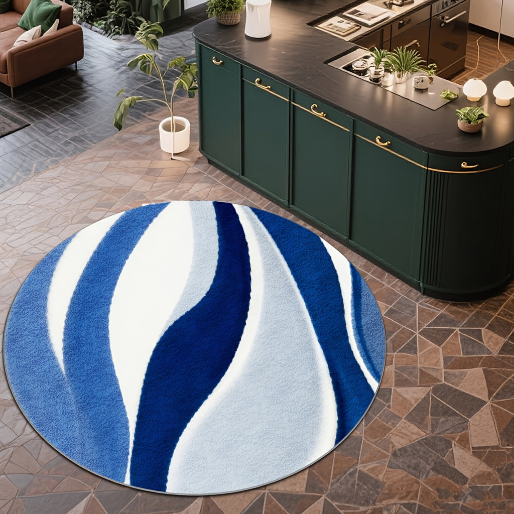 Tapis rond vagues bleues et blanches, grand format Ø 200 cm