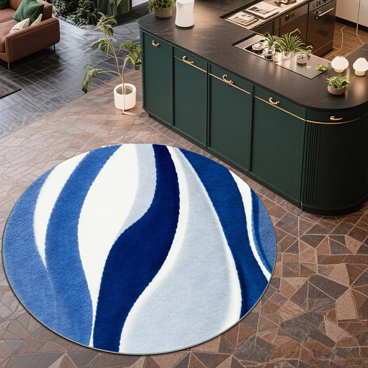 Tapis rond vagues bleues et blanches, grand format Ø 200 cm