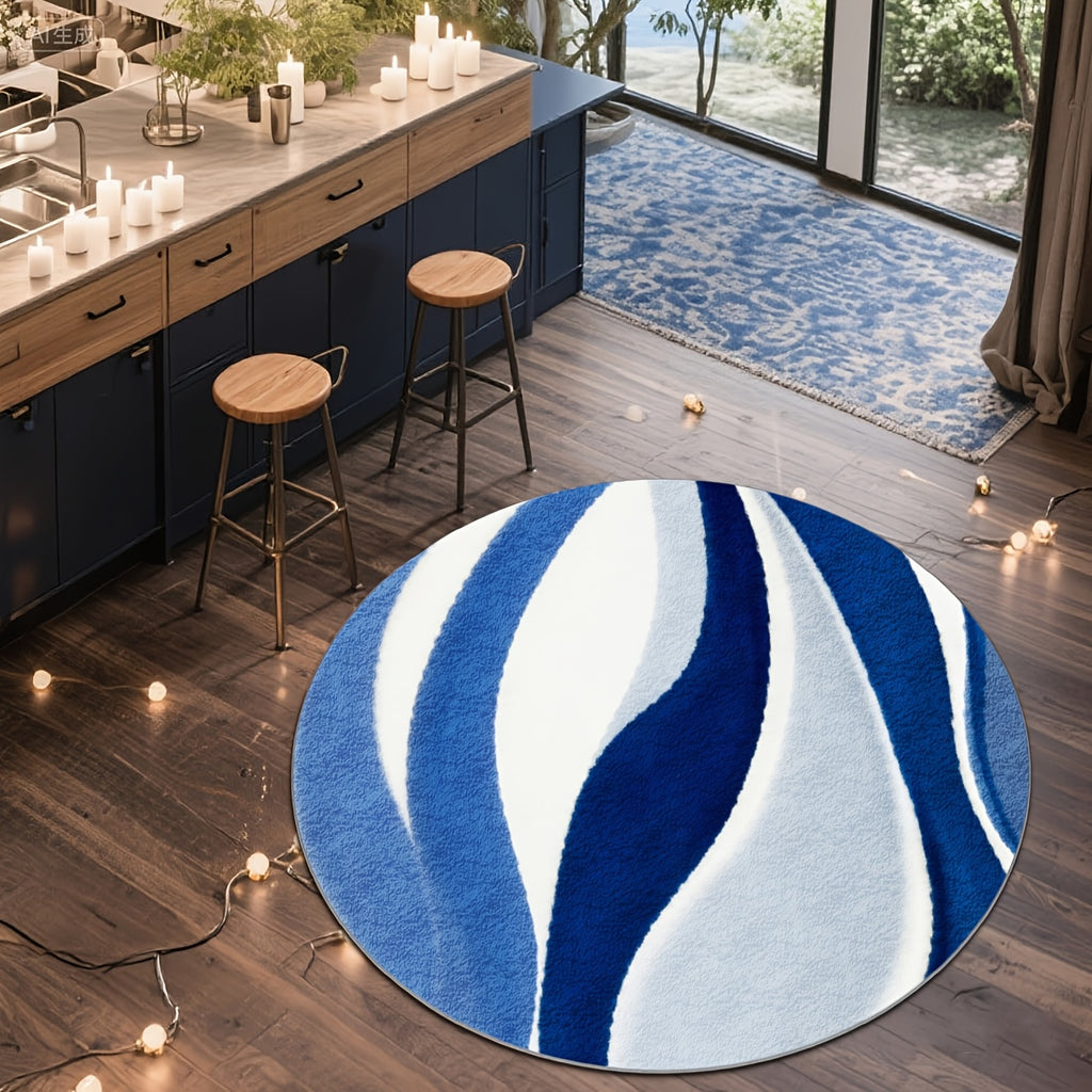 Tapis rond vagues bleues et blanches, grand format Ø 200 cm