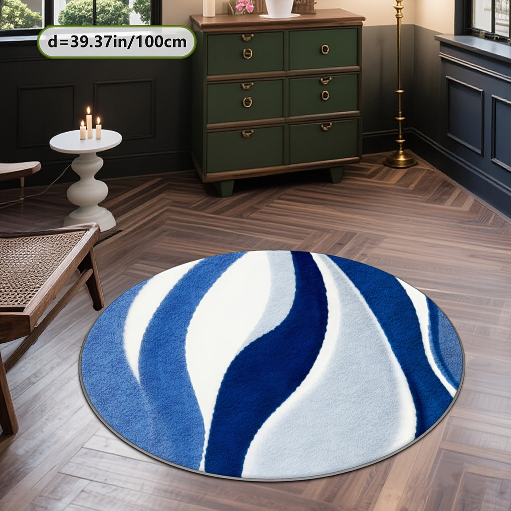 Tapis rond vagues bleues et blanches, grand format Ø 200 cm