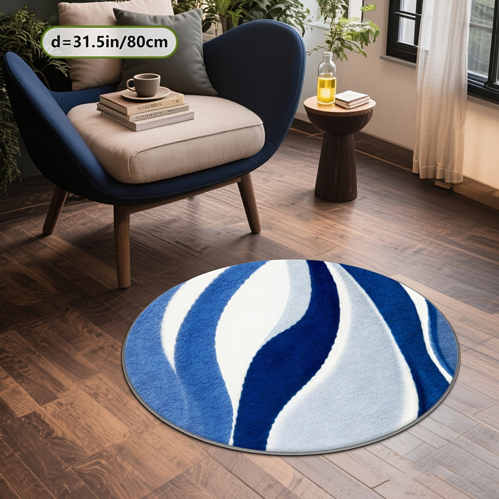Tapis rond vagues bleues et blanches, grand format Ø 200 cm