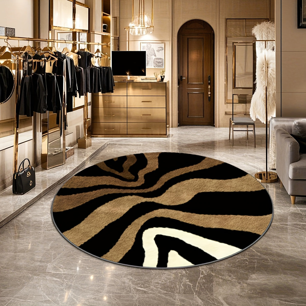 Tapis rond à vagues noir et camel, impression 2D, Ø 160 cm