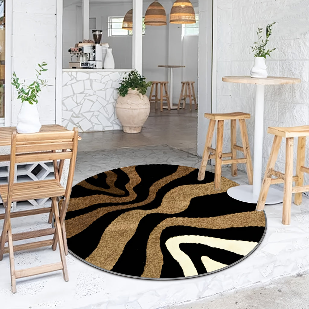 Tapis rond à vagues noir et camel, impression 2D, Ø 160 cm