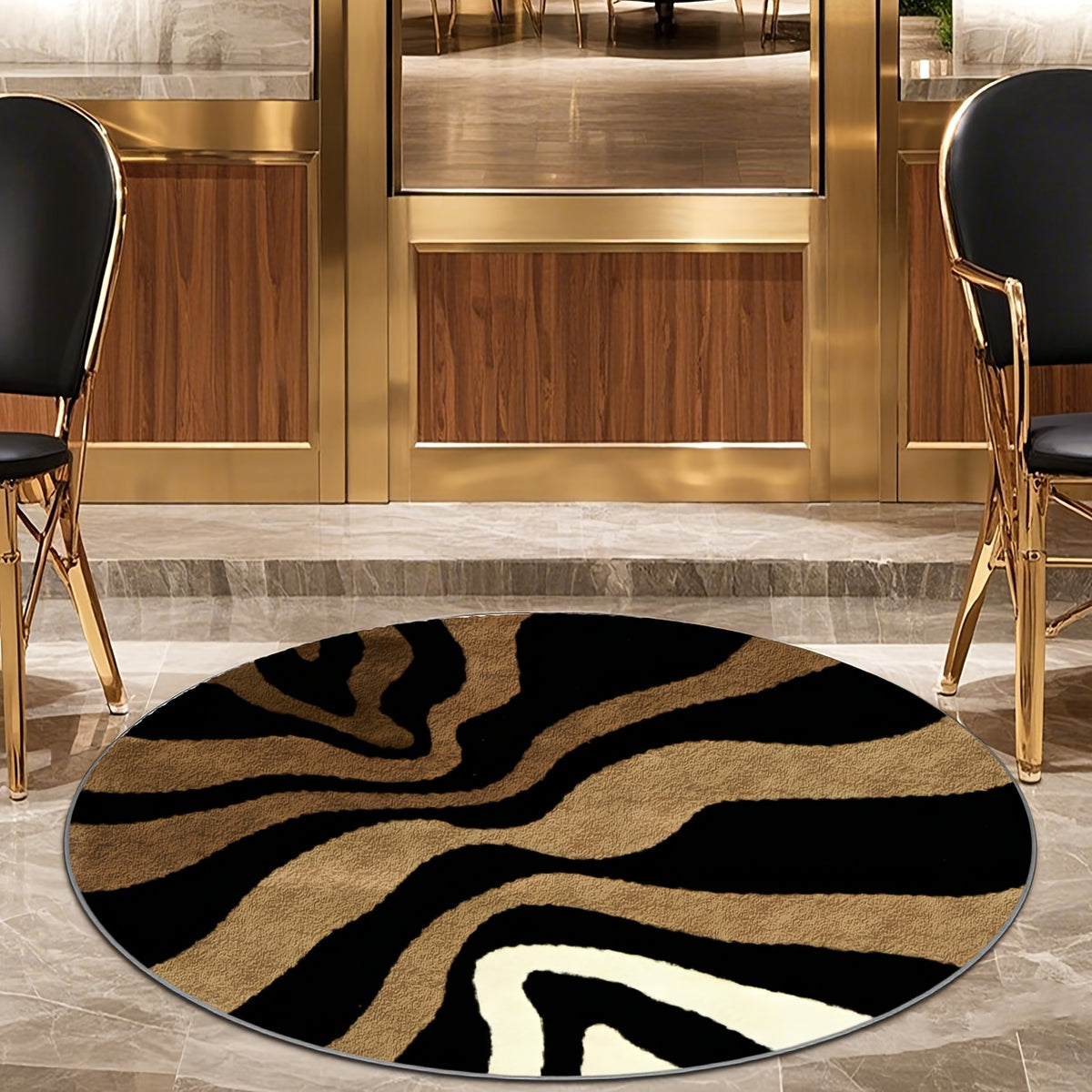 Tapis rond à vagues noir et camel, impression 2D, Ø 160 cm
