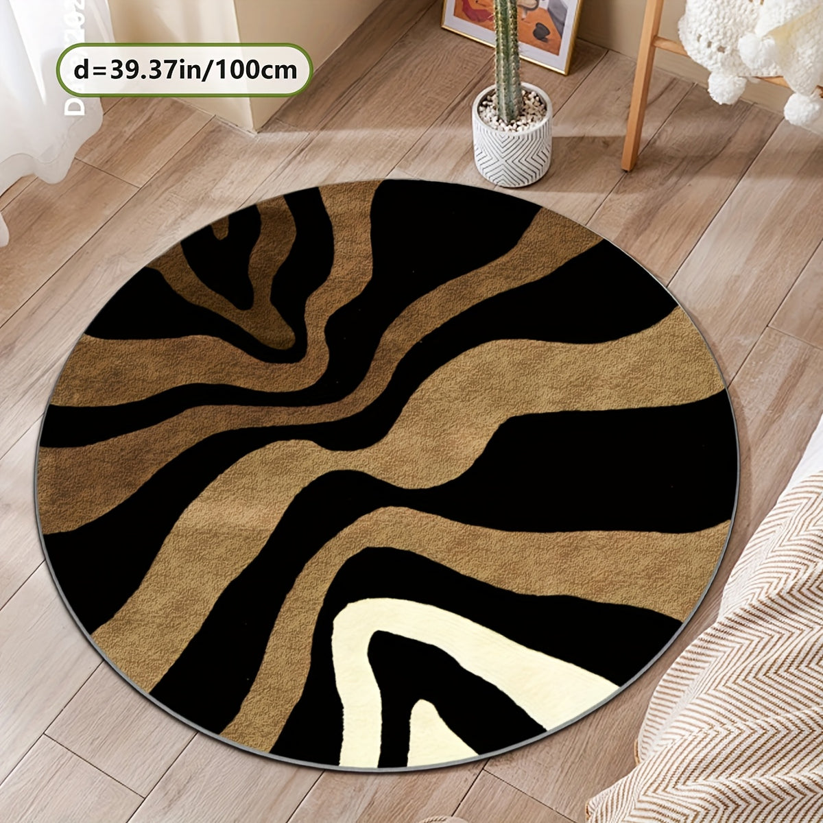 Tapis rond à vagues noir et camel, impression 2D, Ø 160 cm