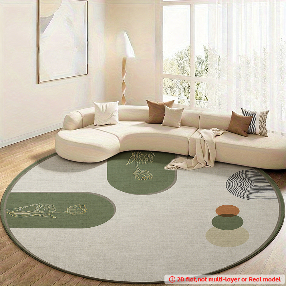 Tapis rond en velours écru à motif tulipes, 120 à 160 cm