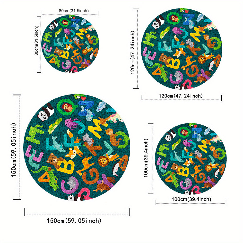 Tapis rond vert canard à alphabet et animaux colorés, 17 tailles