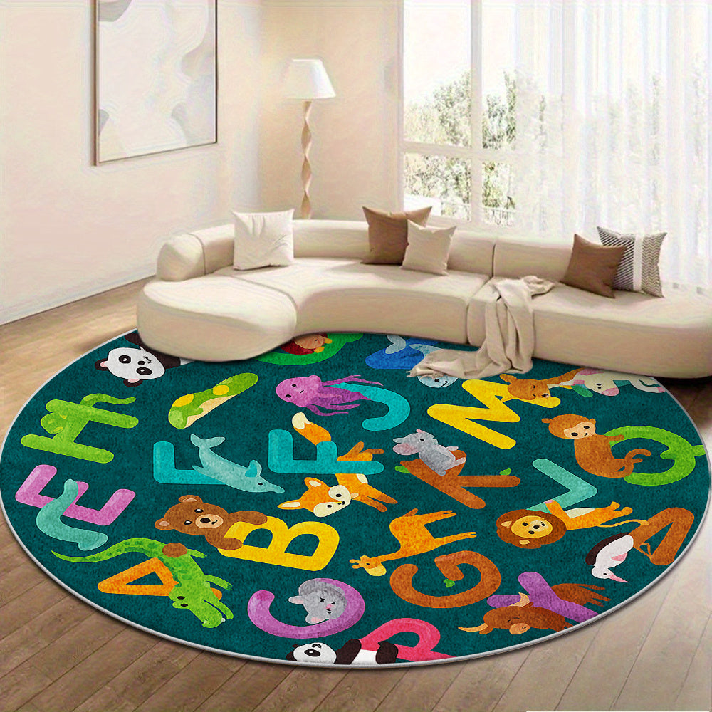 Tapis rond vert canard à alphabet et animaux colorés, 17 tailles