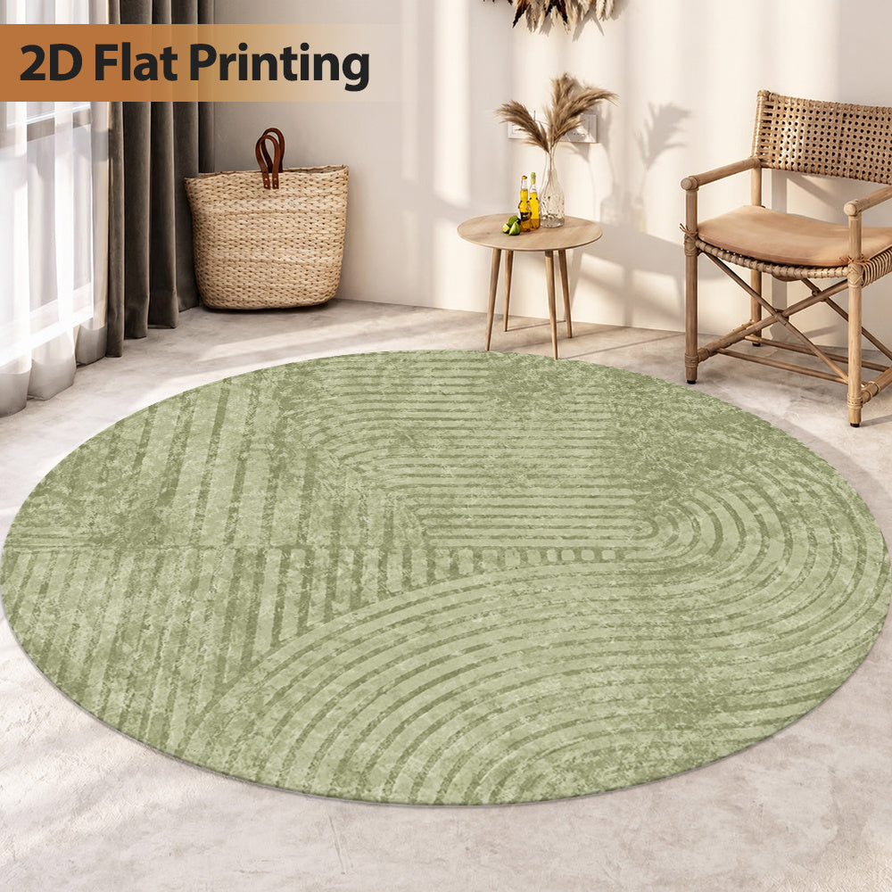 Tapis rond vert sauge, arcs striés en trompe-l'œil, six cotes
