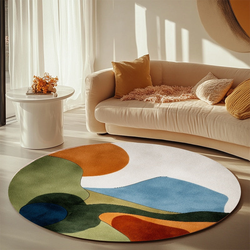 Tapis rond vert et bleu à paysage abstrait, Ø 80 à 150 cm