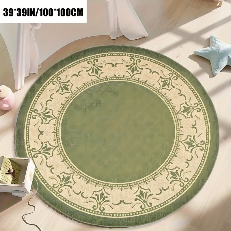 Tapis rond vert classique, large bordure de dentelle crème