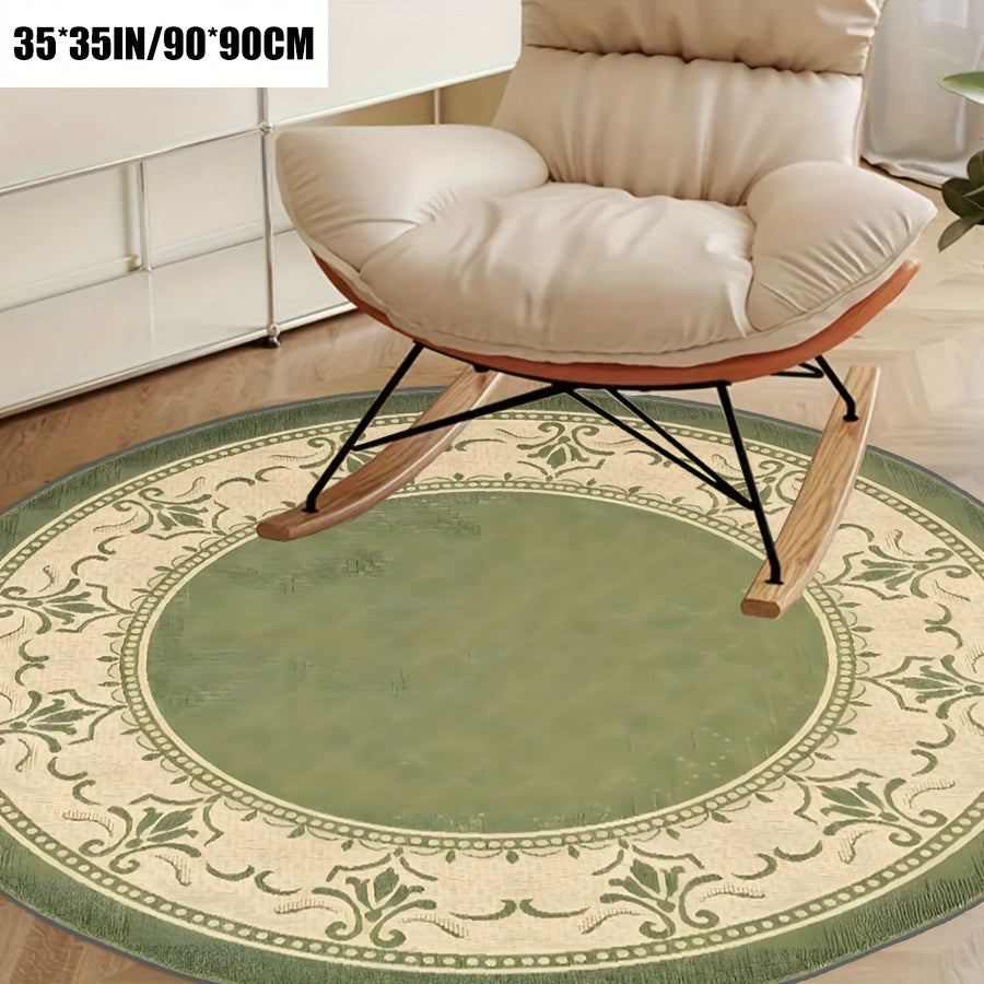Tapis rond vert classique, large bordure de dentelle crème