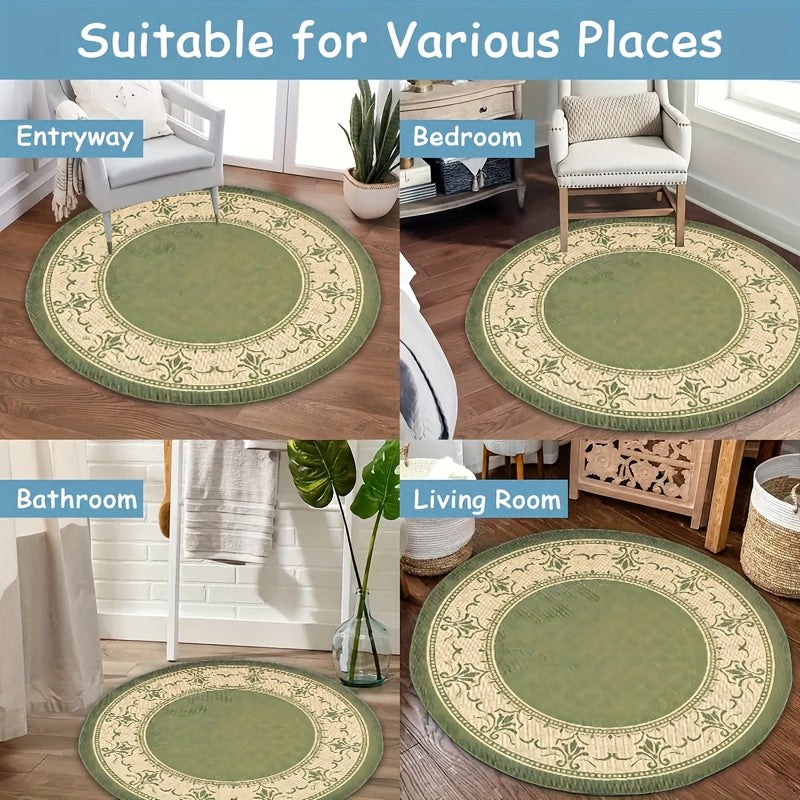Tapis rond vert classique, large bordure de dentelle crème