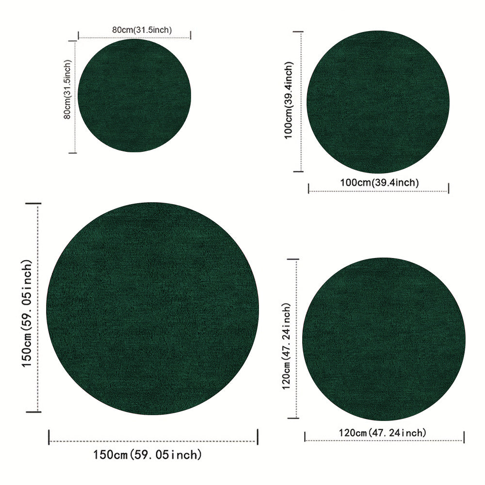 Tapis rond vert bouteille uni, sept cotes de 60 à 170 cm
