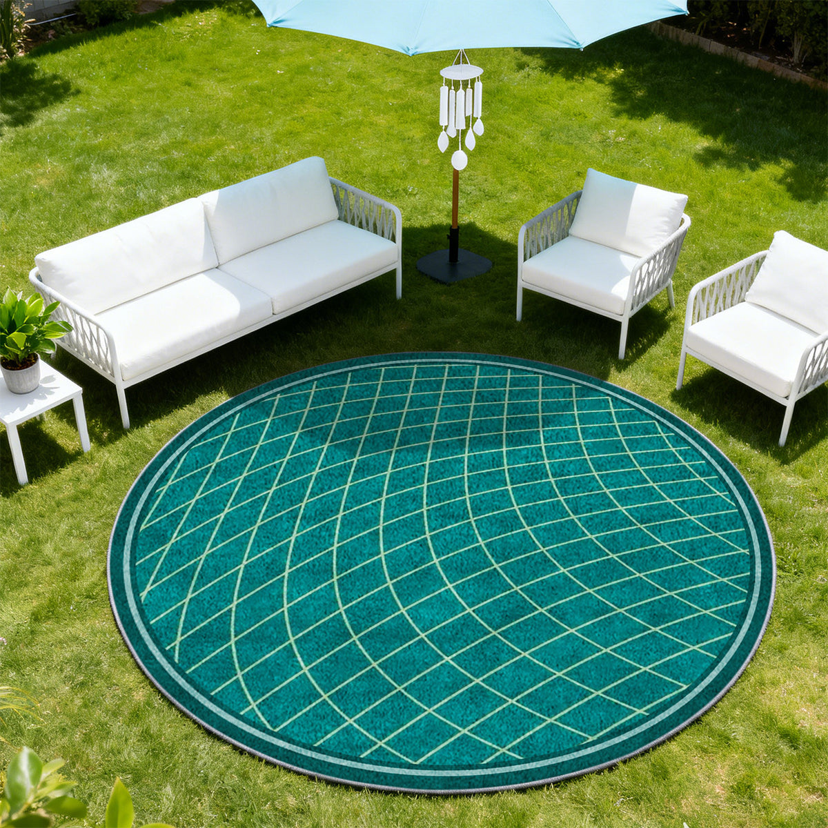 Tapis rond vert canard à grille ondulée tracée en clair