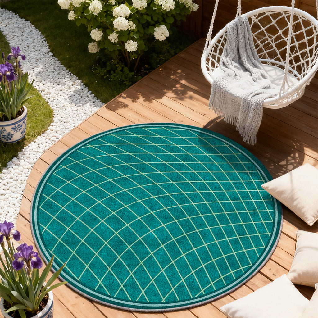 Tapis rond vert canard à grille ondulée tracée en clair
