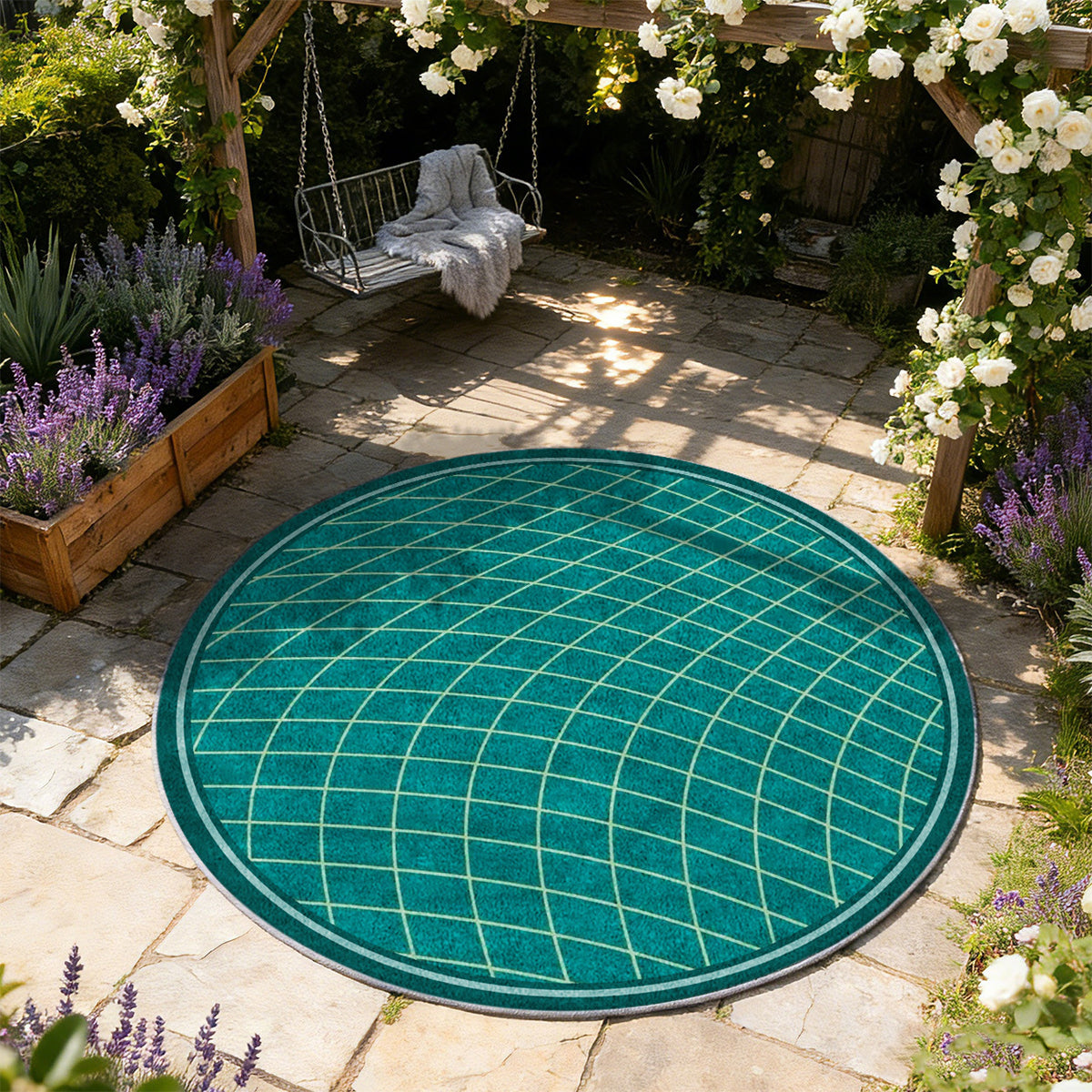 Tapis rond vert canard à grille ondulée tracée en clair