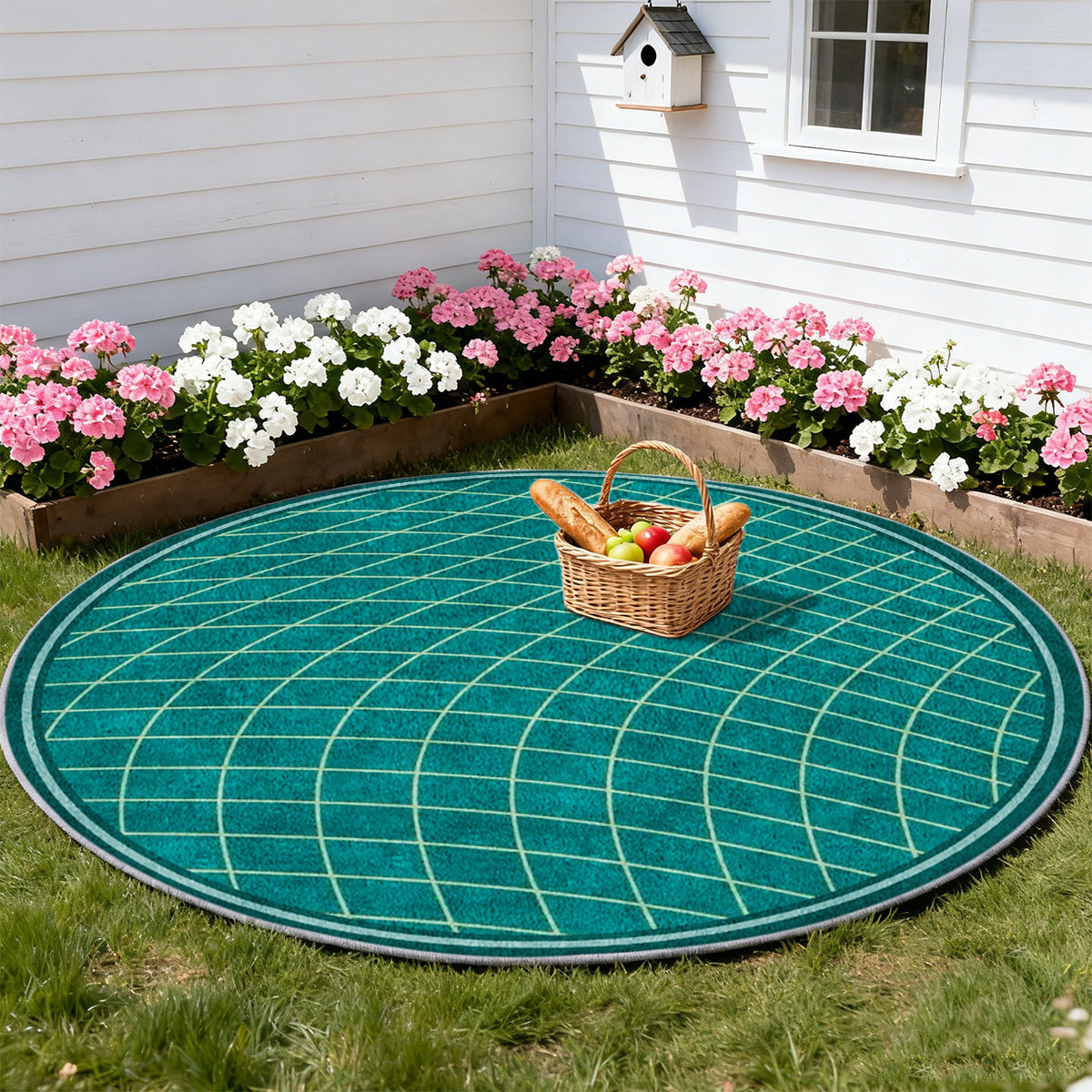 Tapis rond vert canard à grille ondulée tracée en clair