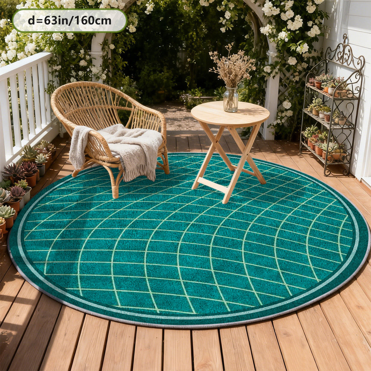 Tapis rond vert canard à grille ondulée tracée en clair