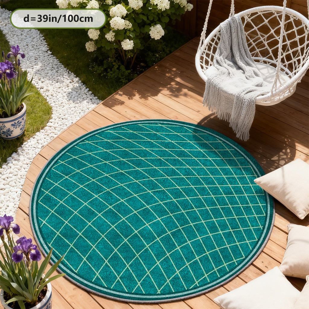 Tapis rond vert canard à grille ondulée tracée en clair