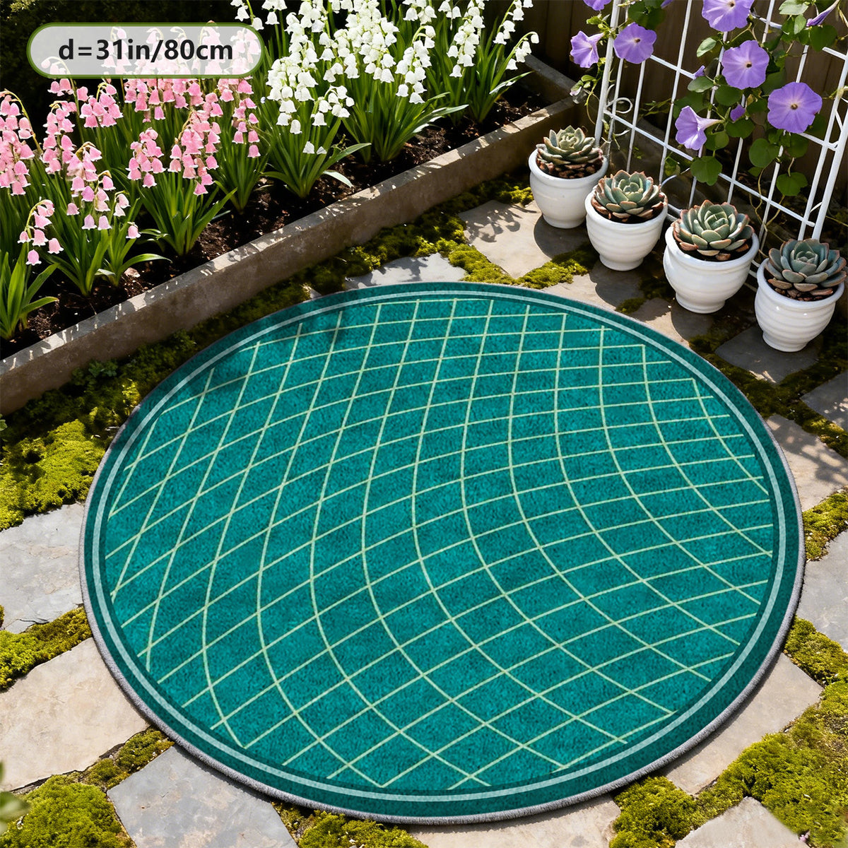 Tapis rond vert canard à grille ondulée tracée en clair