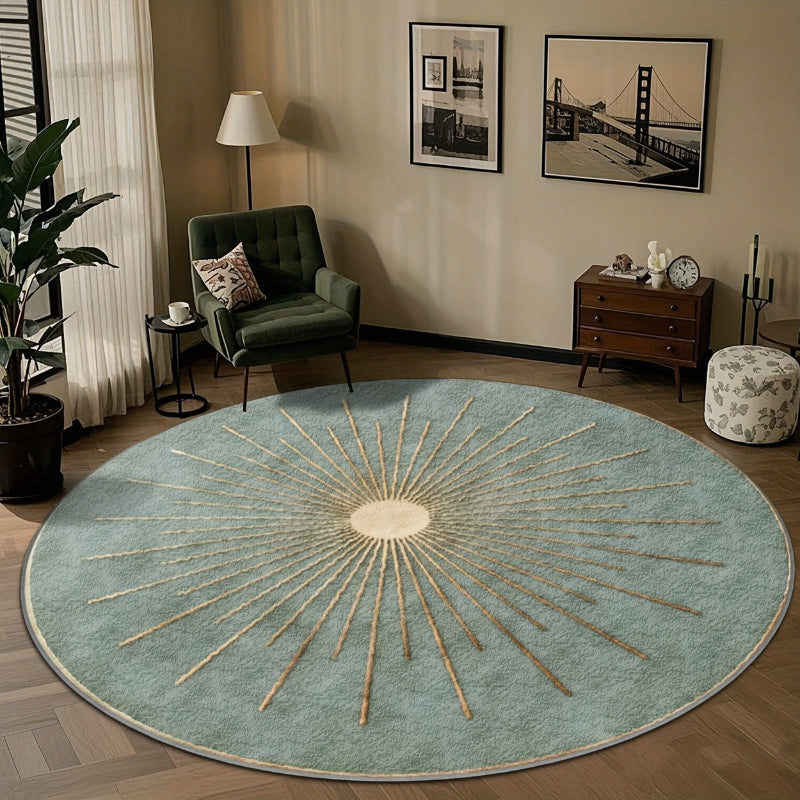 Tapis rond vert céladon à rayons dorés, tissage plat ras