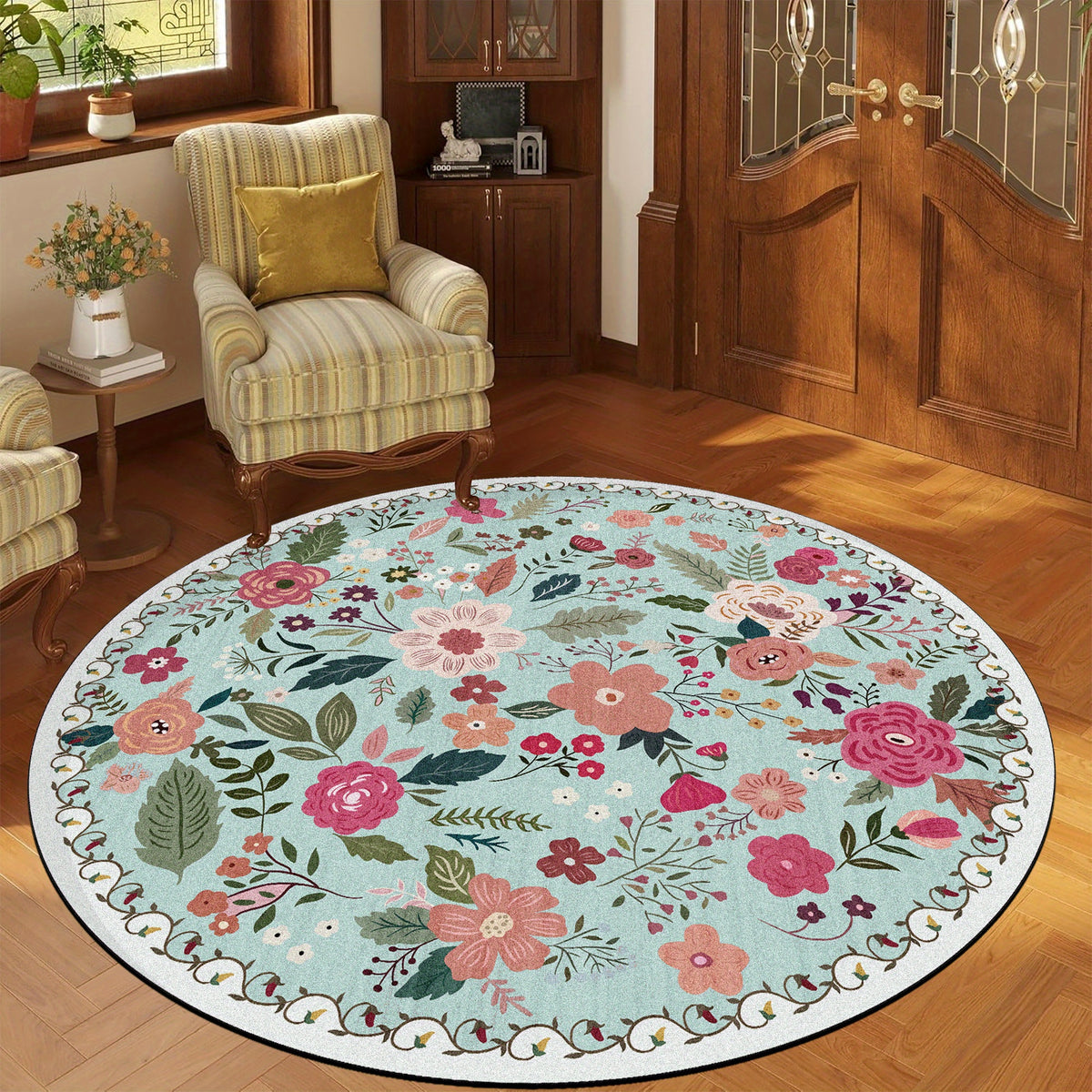 Tapis rond vert d'eau à bouquets fleuris rétro, 3 tailles