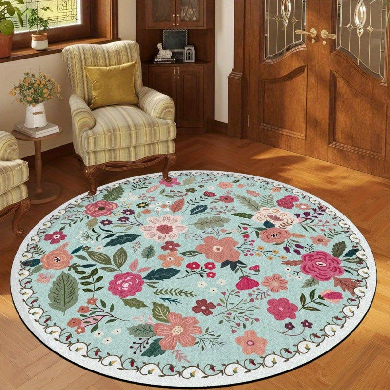 Tapis rond vert d'eau à bouquets fleuris rétro, 3 tailles