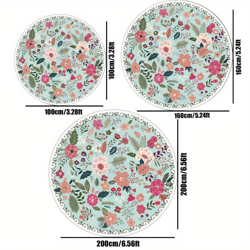 Tapis rond vert d'eau à bouquets fleuris rétro, 3 tailles
