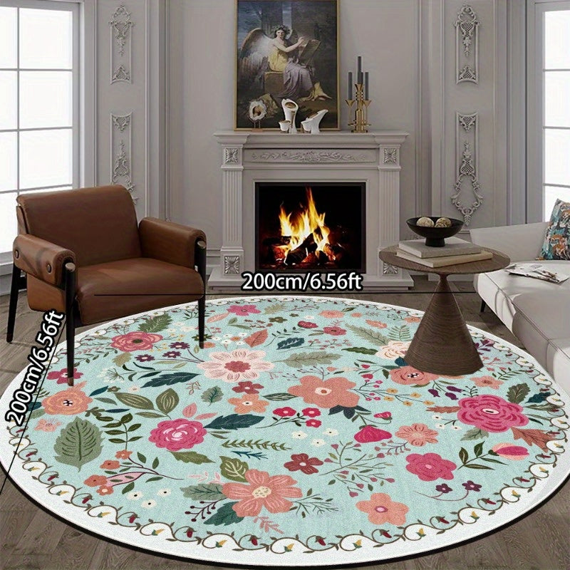 Tapis rond vert d'eau à bouquets fleuris rétro, 3 tailles
